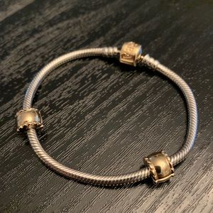 PANDORA 14K + STERLING TWO TONE BRACELET + 2 CLIPS